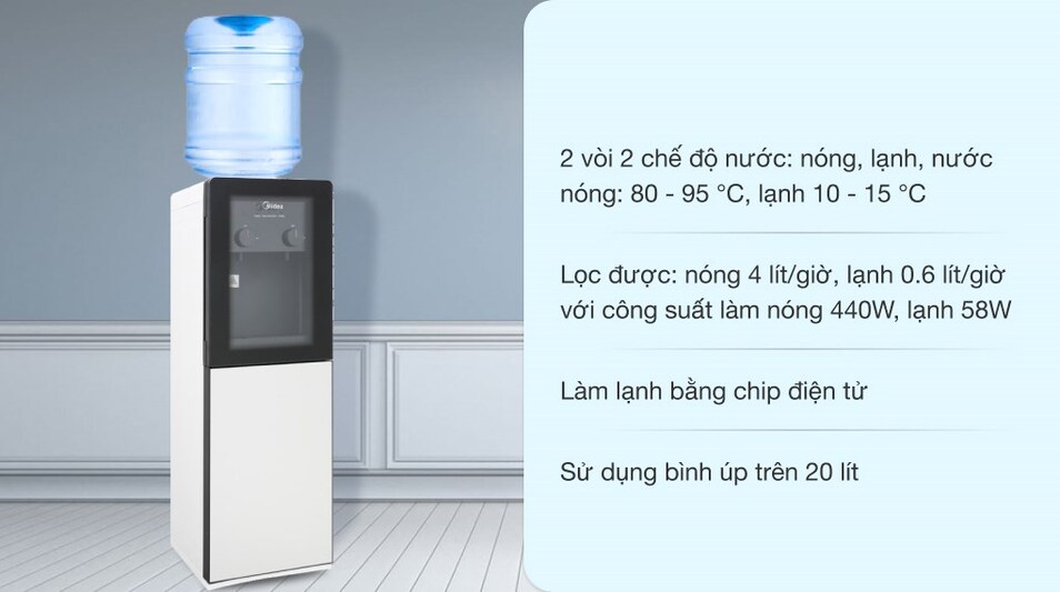 Cây nước nóng lạnh Midea YD1518S-X có chế độ làm lạnh, làm nóng nhanh chóng