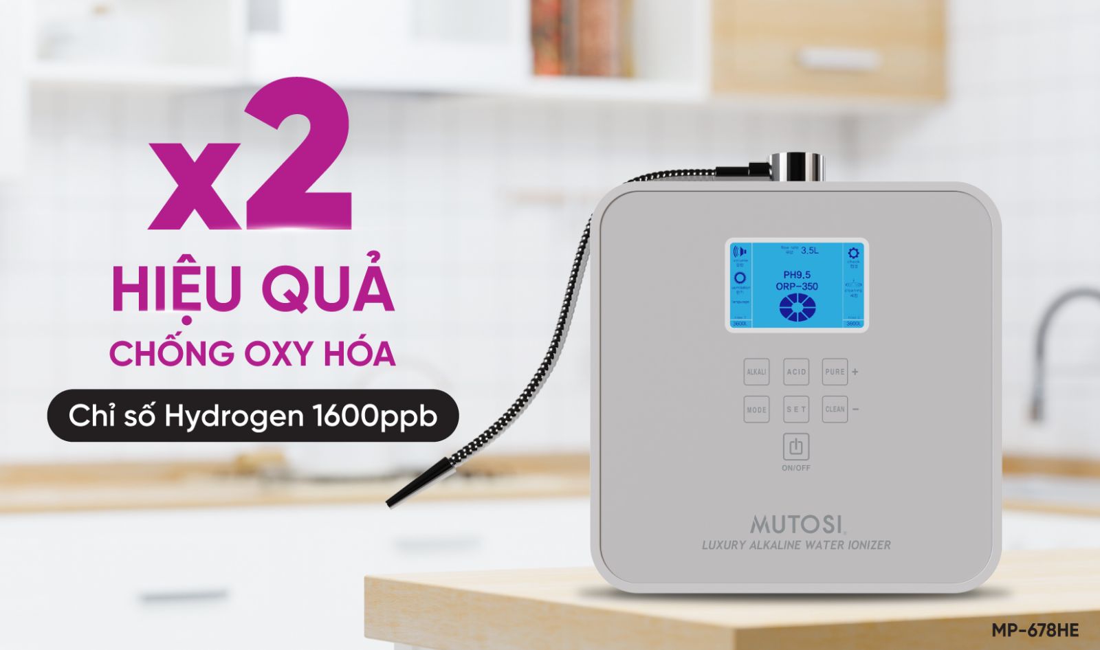 máy lọc nước iON kiềm Mutosi MP-678HE còn có chỉ số chống ô xy hóa ORP cao đến -800mV, gấp 8 lần chỉ số chống oxy trong rau quả mọng