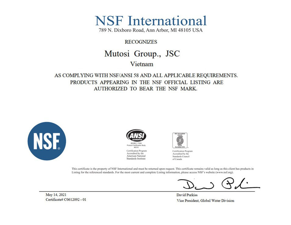 Chứng nhận NSF quốc tế cho màng lọc RO của Mutosi