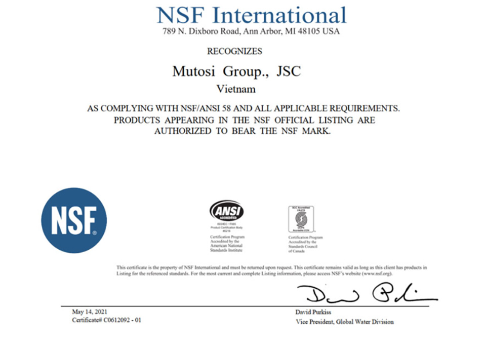 Chứng nhận NSF quốc tế cho màng lọc RO