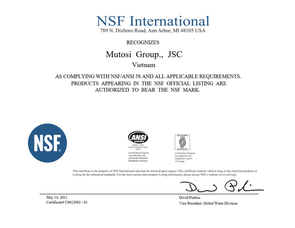 Màng lọc RO Mutosi Slitec 75GPD đạt chứng nhận NSF/ANSI-58