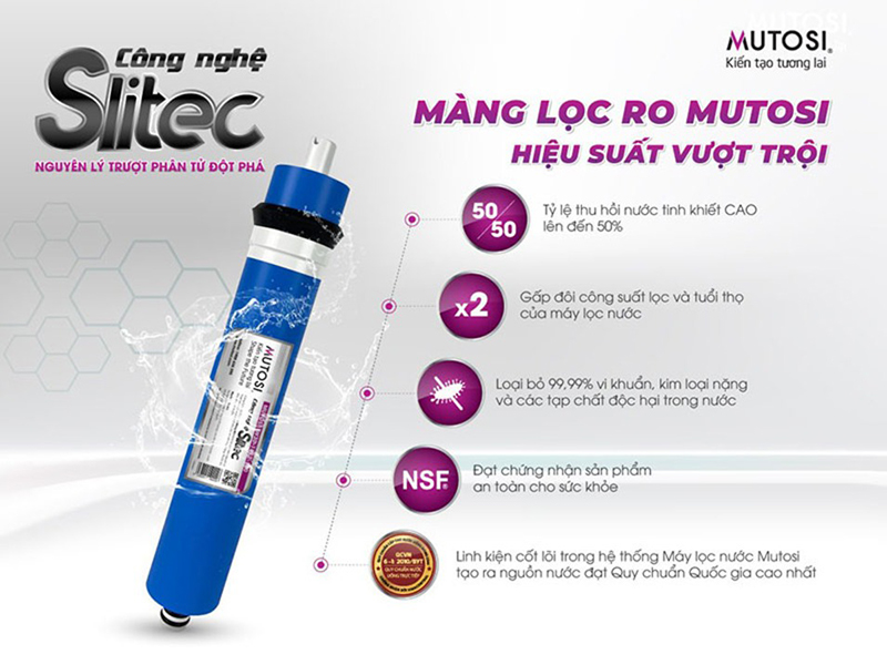 Màng lọc RO Mutosi có khả năng lọc sạch đến 99,99% tạp chất có kích thước lớn hơn 0.0001 micron