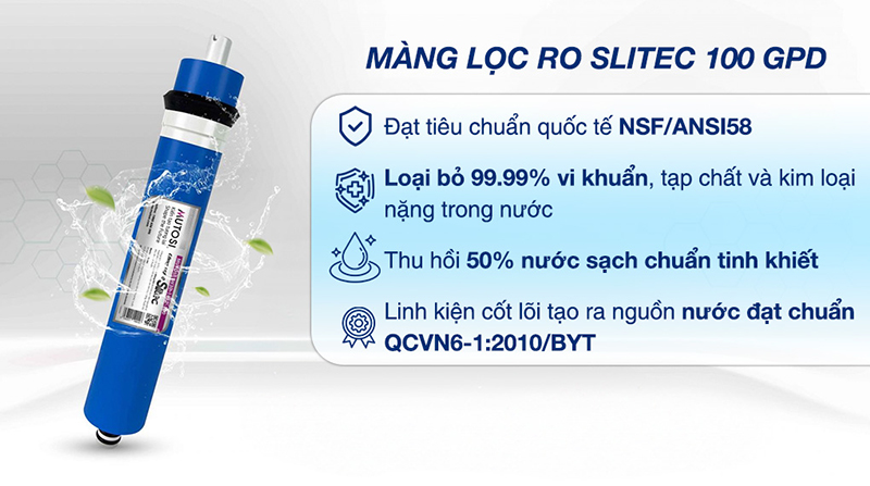 Màng lọc RO Slitec Mutosi đạt tiêu chuẩn quốc tế NSF/ANSI58 cho nguồn nước tinh khiết