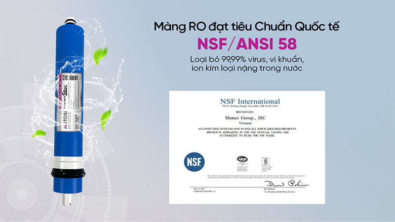 Màng lọc RO của Mutosi đạt tiêu chuẩn quốc tế NFS/ANSI 58
