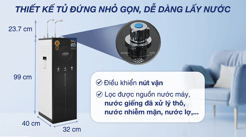 Máy lọc nước nóng lạnh Mutosi cho nguồn nước nóng nhanh chóng với công tắc thông minh