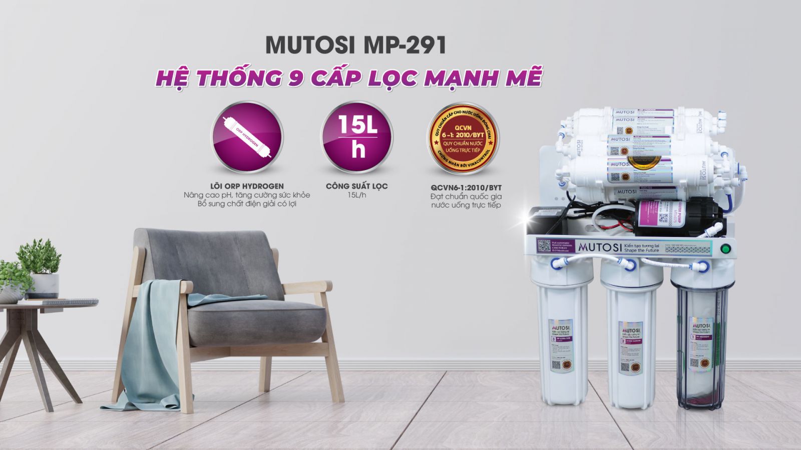 Máy lọc nước Mutosi có nhiều tầng lọc giúp loại bỏ các chất độc hại triệt để