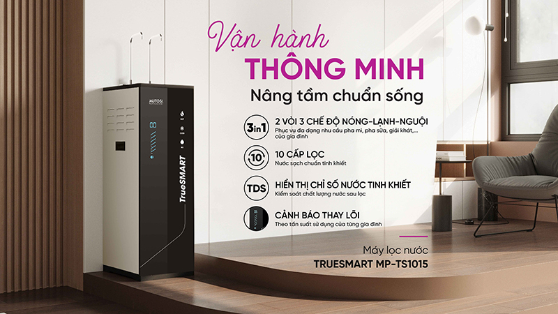 Máy lọc nước Mutosi Trusmart TS-1015 không những sở hữu thiết kế sang trọng mà còn mang đến nhiều tính năng thông minh